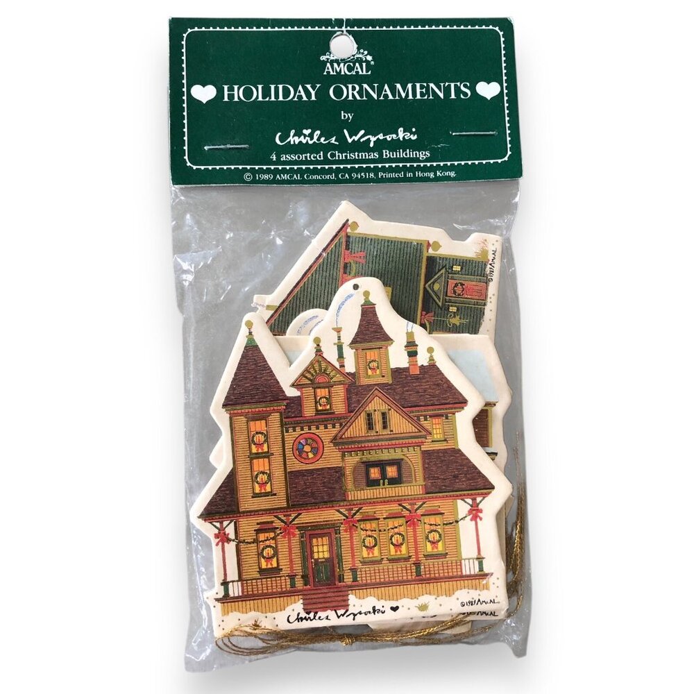 Vintage 1980s Die Cut 4 Paper Christmas Buildings Holiday Ornaments Houses Shops